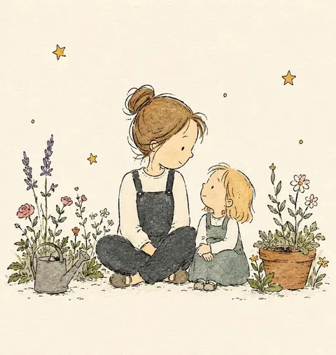 An illustration of a mother and a small child sitting among flowers, in the Woods for Children Trust style