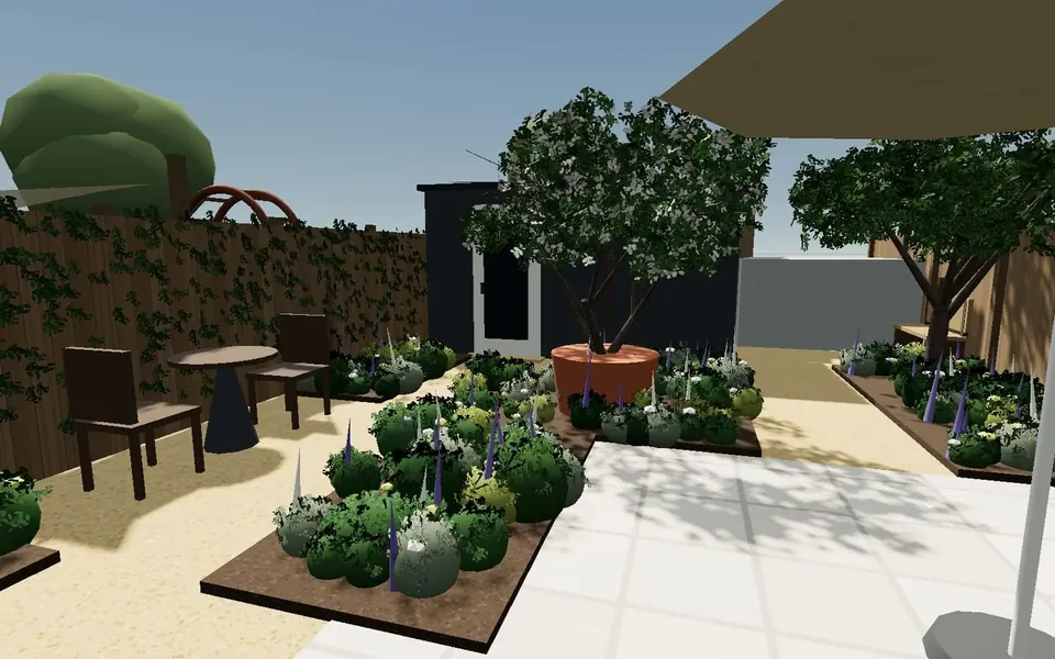 The same garden in 3D, with a seating area and planted beds